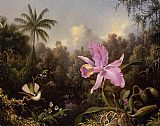 Martin Johnson Heade Famous Paintings - Orchid and Two Hummingburds